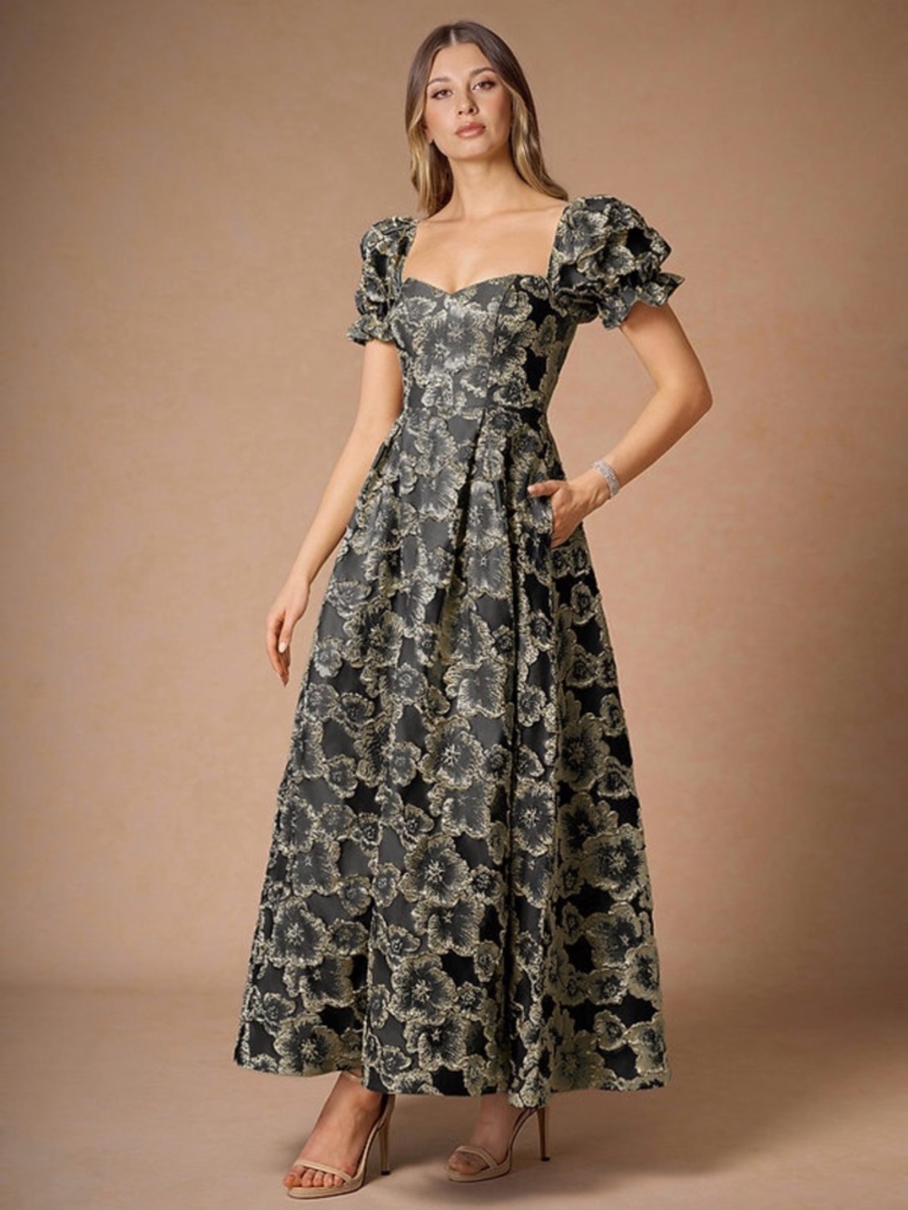 Azazie Black and Gold Floral Puff-Sleeve Maxi Dress